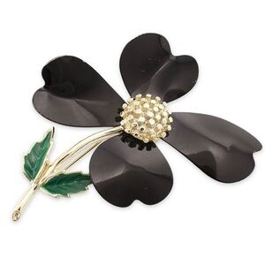 Vintage Sarah Coventry Dogwood Flower Brooch Black Enamel Large Pin 1960s Mod